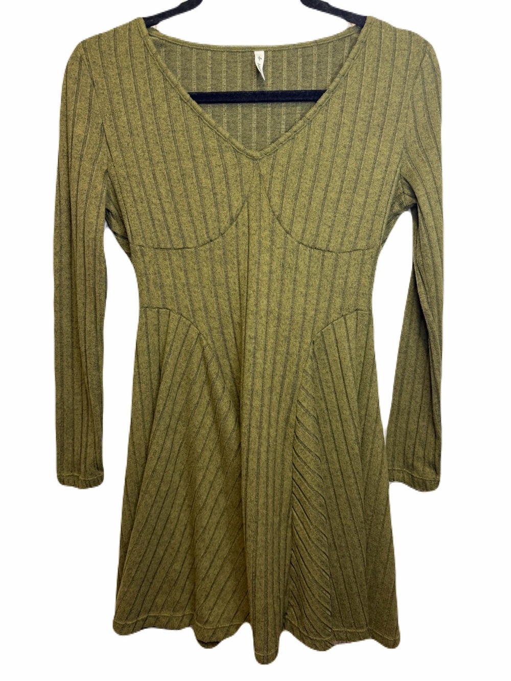 Halara Ribbed Knit V Neck Long Sleeve Flare Casual Dress Moss Green Small